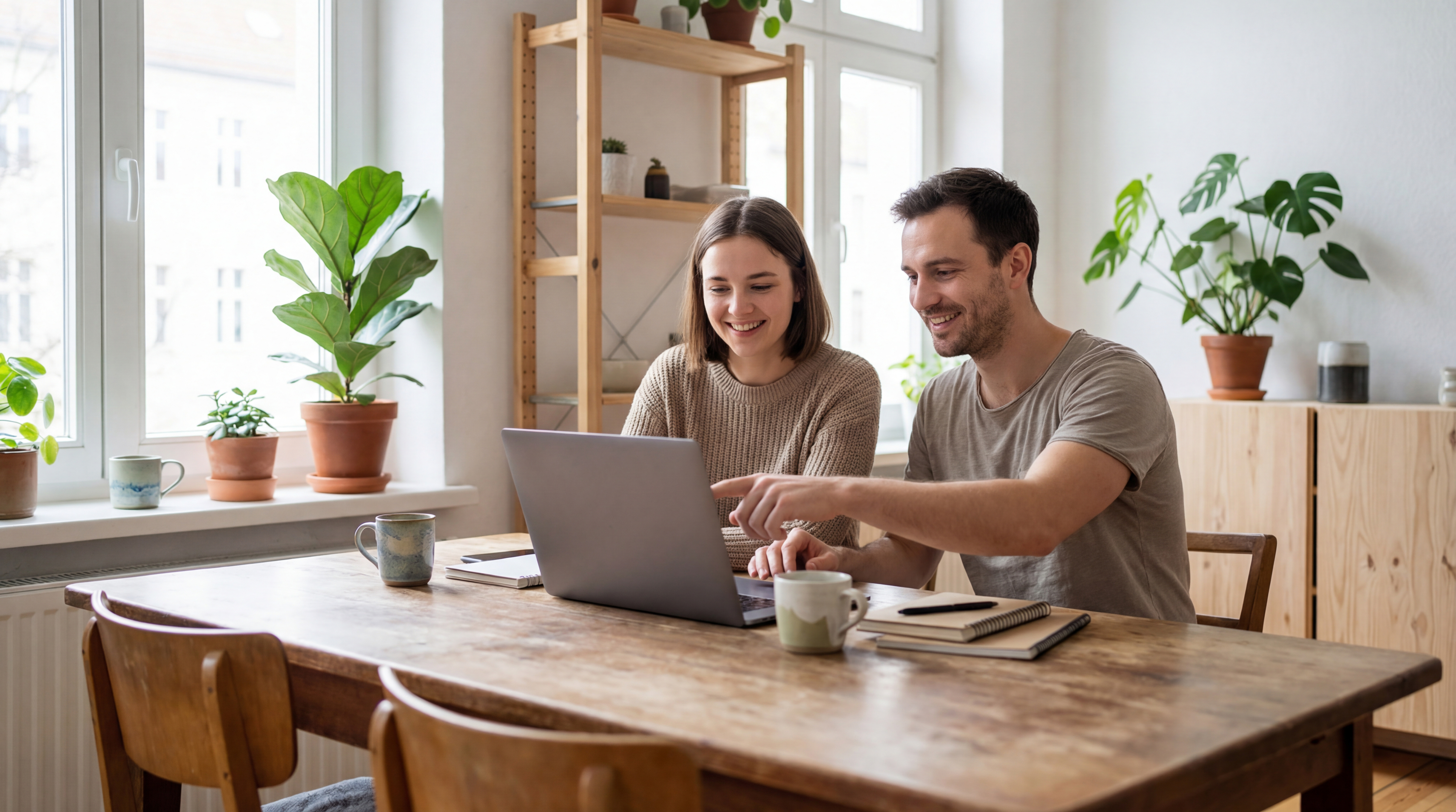 Couple browsing estate agents on a laptop at home
